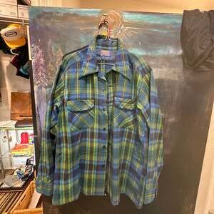 Vintage 1970s Pendleton Wool Board Shirt Blue Green Plaid Men's Large